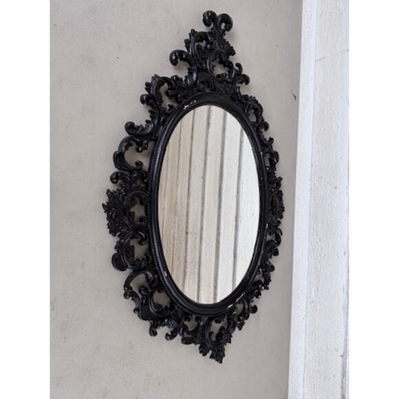 Vintage Oval Wall Hanging Mirror Ornate Black Scroll Border Chippy Shabby Chic - Picture 2 of 12